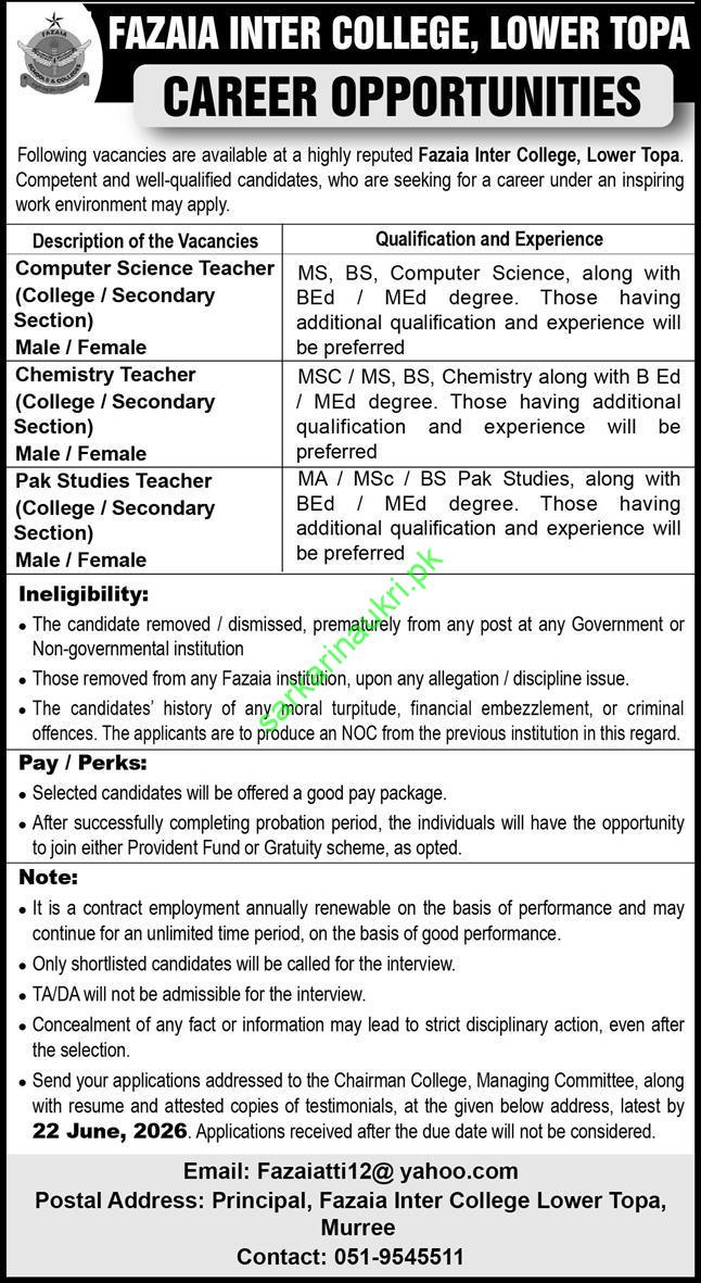Fazaia Inter College Murree Recruitment 2026: Computer Science, Chemistry & Pak Studies Teachers