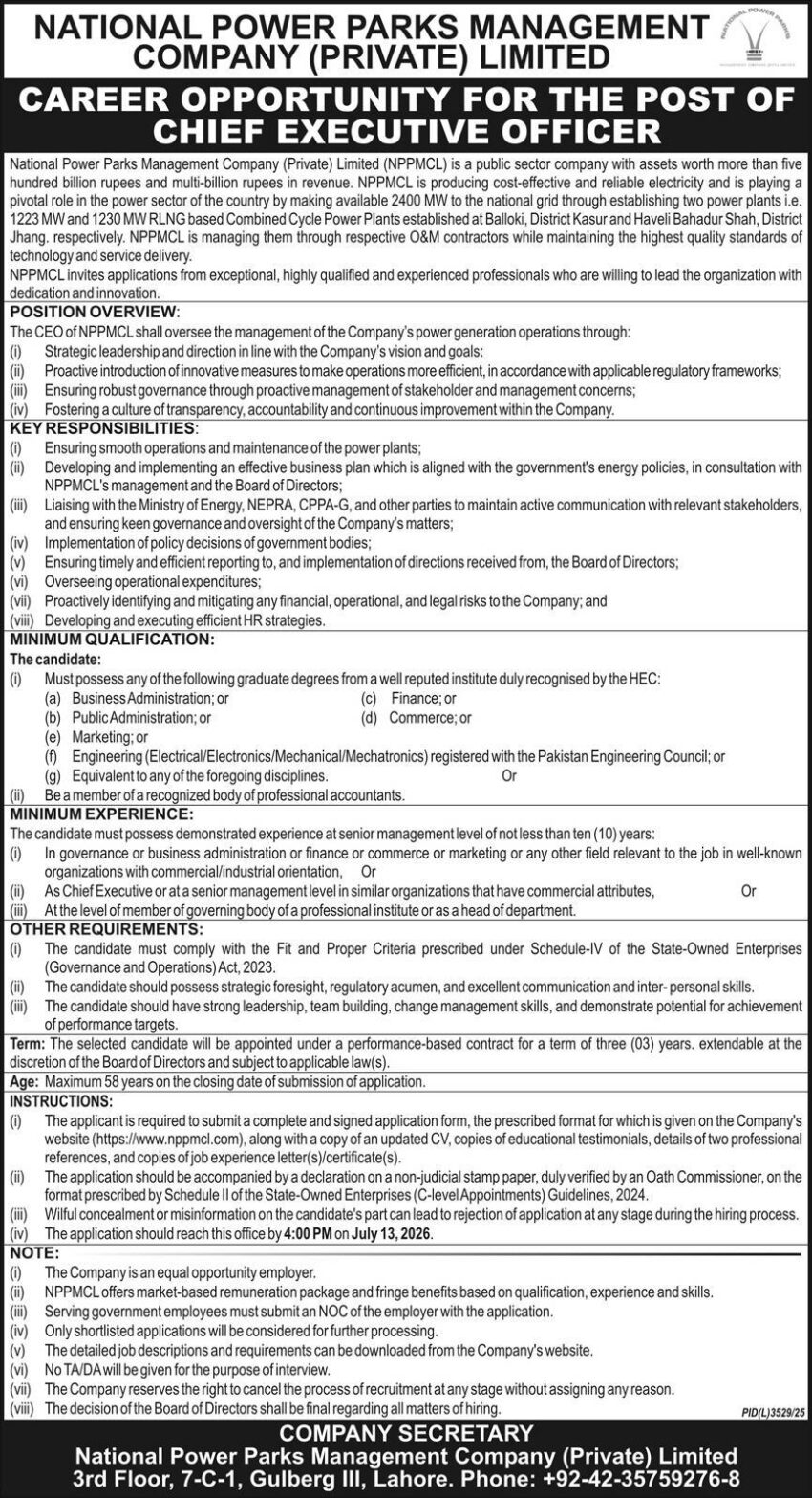 National Power Parks Management Company Vacancy 2026: CEO Post in Lahore