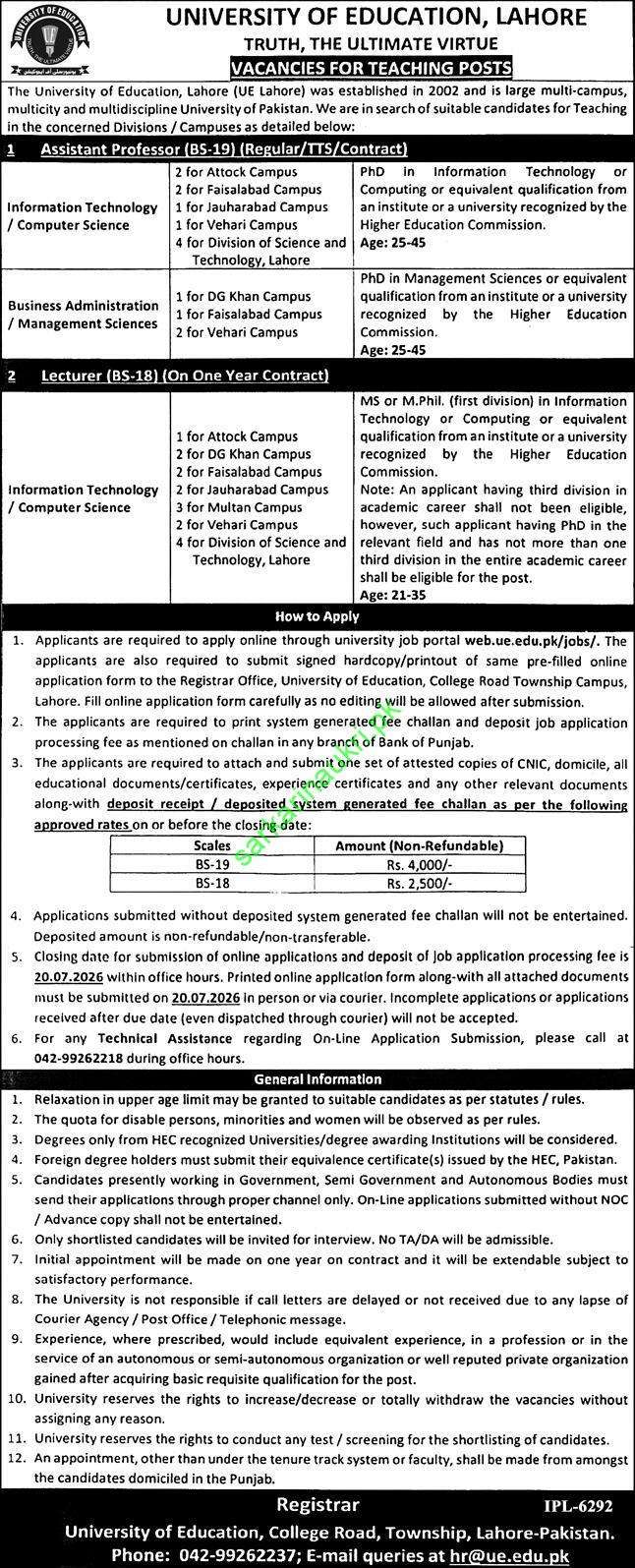 University of Education Lahore Teaching Jobs 2026 – Apply Online at web.ue.edu.pk
