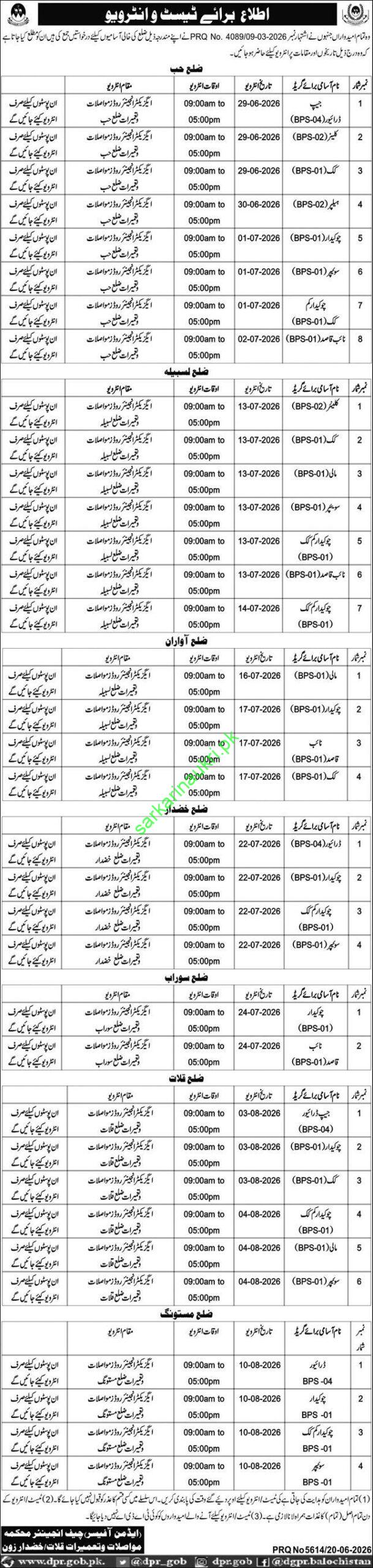 Balochistan Communication & Works Department Interview Call 2026 – Hub, Lasbela, Khuzdar, Kalat, Mastung