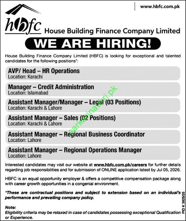 House Building Finance Company Limited Hiring 2026 for AVP/Head HR Operations, Manager Credit Administration & More (Karachi, Islamabad, Lahore)