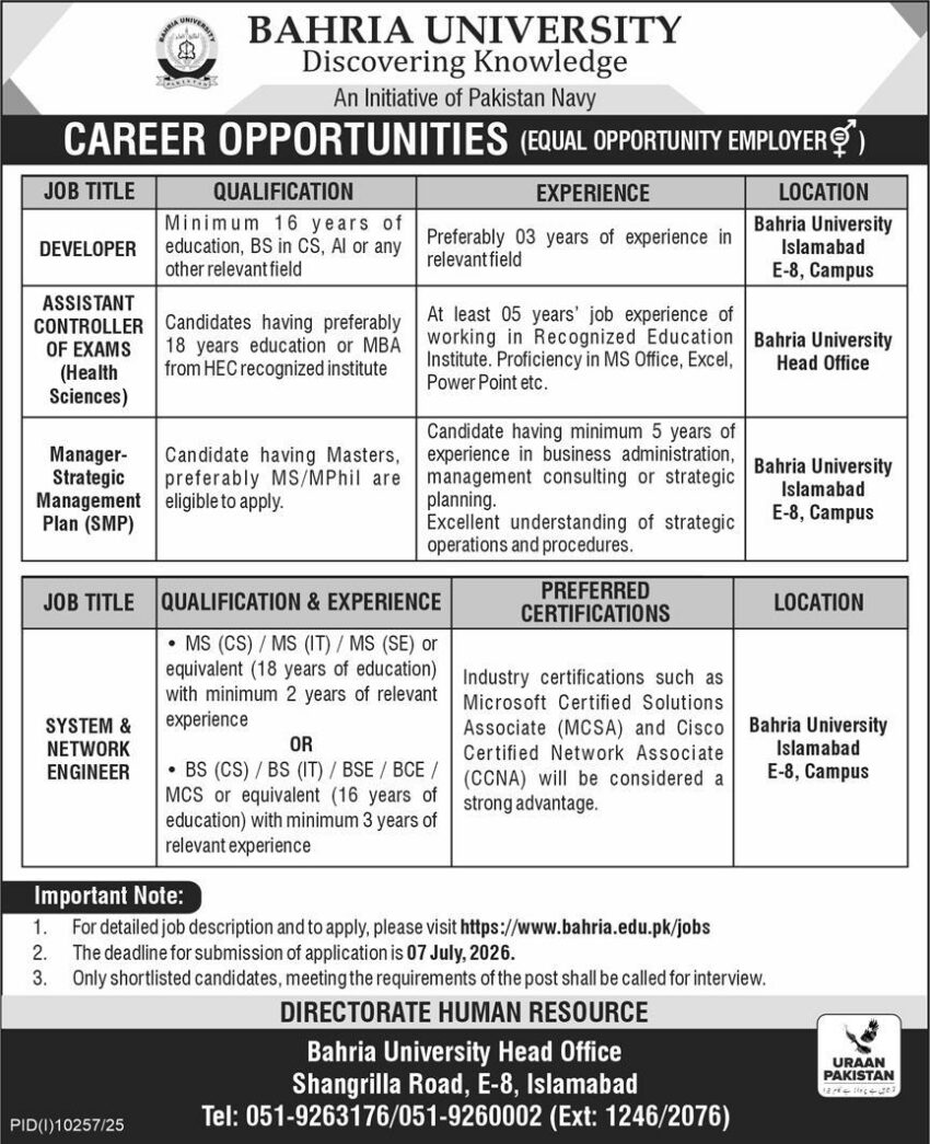 Bahria University Jobs 2026 – Developer, Assistant Controller of Exams, Manager SMP, System & Network Engineer