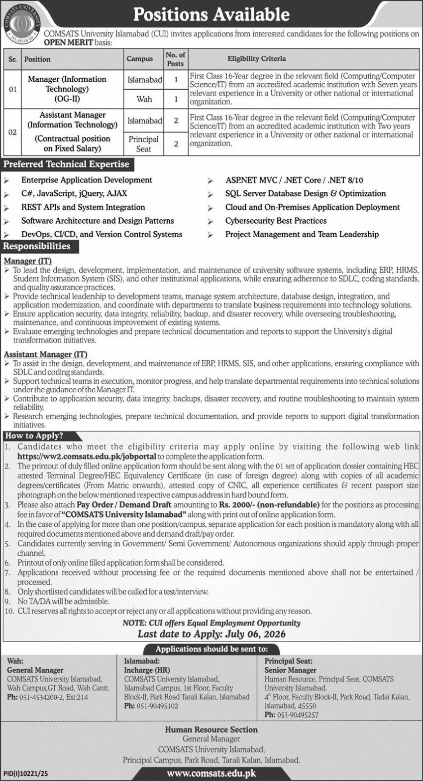 COMSATS University Islamabad Jobs 2026 – Manager & Assistant Manager (IT), Multiple Campuses