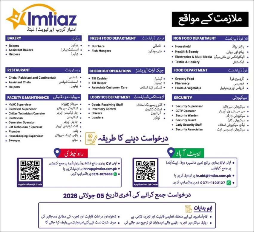 Imtiaz Group Jobs 2026 in Rawalpindi & Abbottabad for Bakery, Restaurant, Security, Logistics