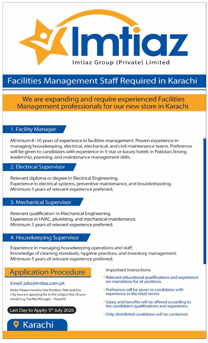 Imtiaz Super Market Karachi Jobs 2026 – Facilities Management Staff