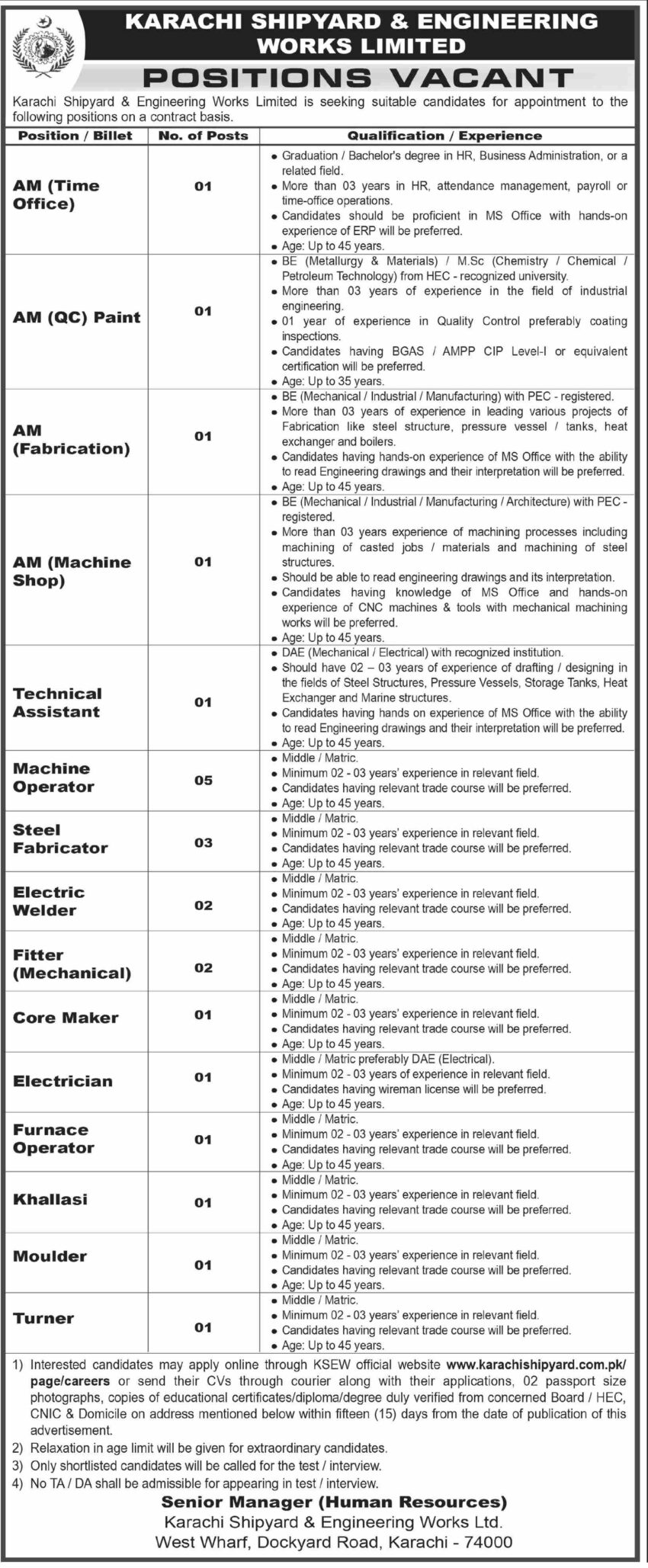 Karachi Shipyard & Engineering Works KSEW Jobs 2026 | Apply for Assistant Managers & Technical Staff