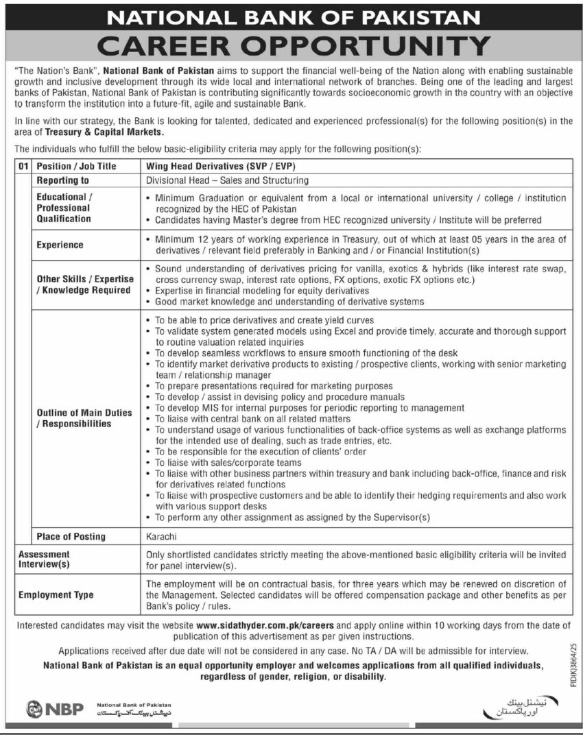 National Bank of Pakistan Treasury & Capital Markets Career Opportunities