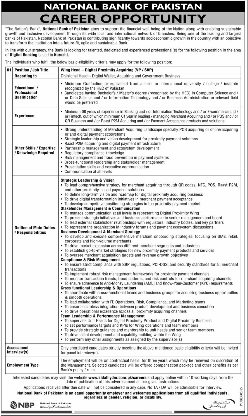 National Bank of Pakistan Career Opportunity 2026 – Wing Head Digital Proximity Acquiring, Karachi