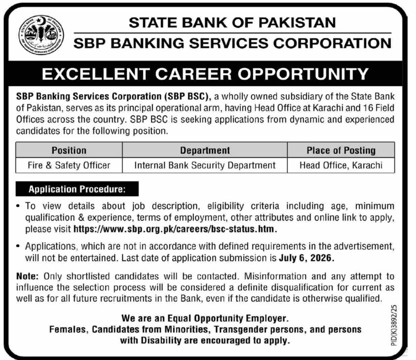 State Bank of Pakistan (SBP BSC) Career Opportunity 2026: Fire & Safety Officer | Apply by July 6
