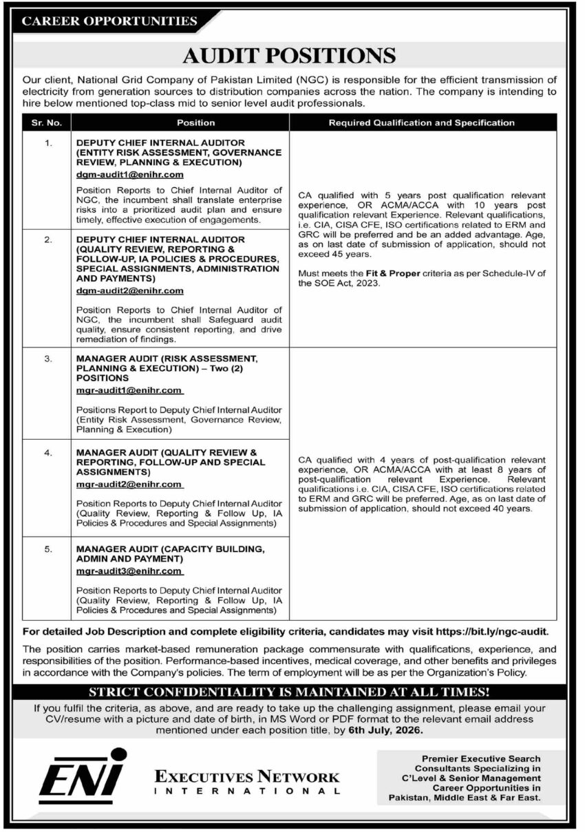 National Grid Company of Pakistan Hiring Internal Audit Professionals 2026 | Apply by July 6
