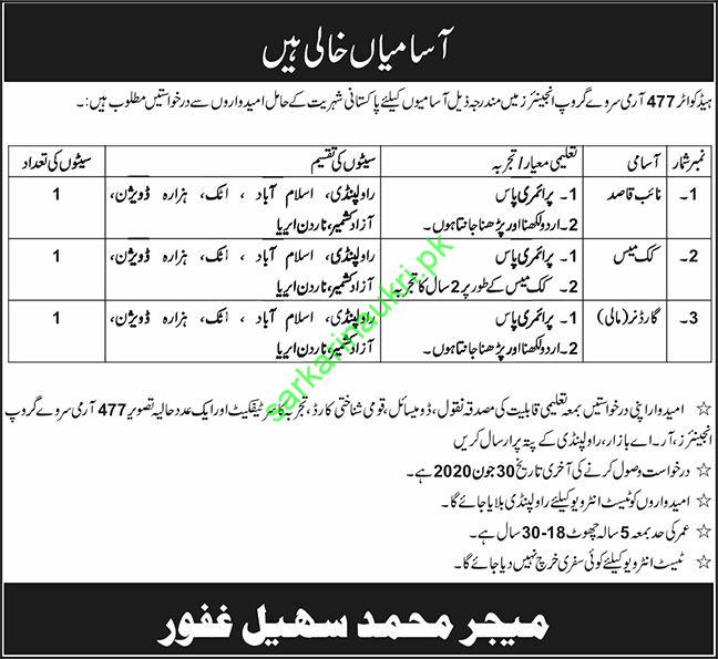 Pak Army 477 Army Survey Group Engineers Recruitment – Apply for Naib Qasid & Cook Posts