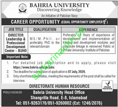 Bahria University Jobs 2026: Director Leadership & Professional Development Center