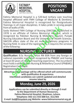 Fatima Memorial Hospital Lahore Jobs 2026 – Nursing Lecturer Position Vacant