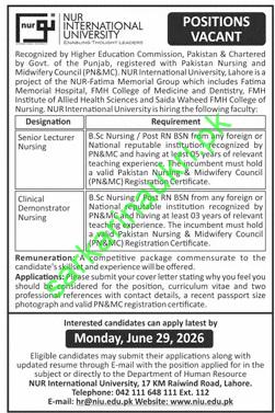 NUR International University Lahore Faculty Jobs 2026 – Nursing Openings