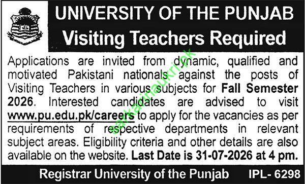 University of the Punjab PU Lahore Visiting Teachers Jobs 2026