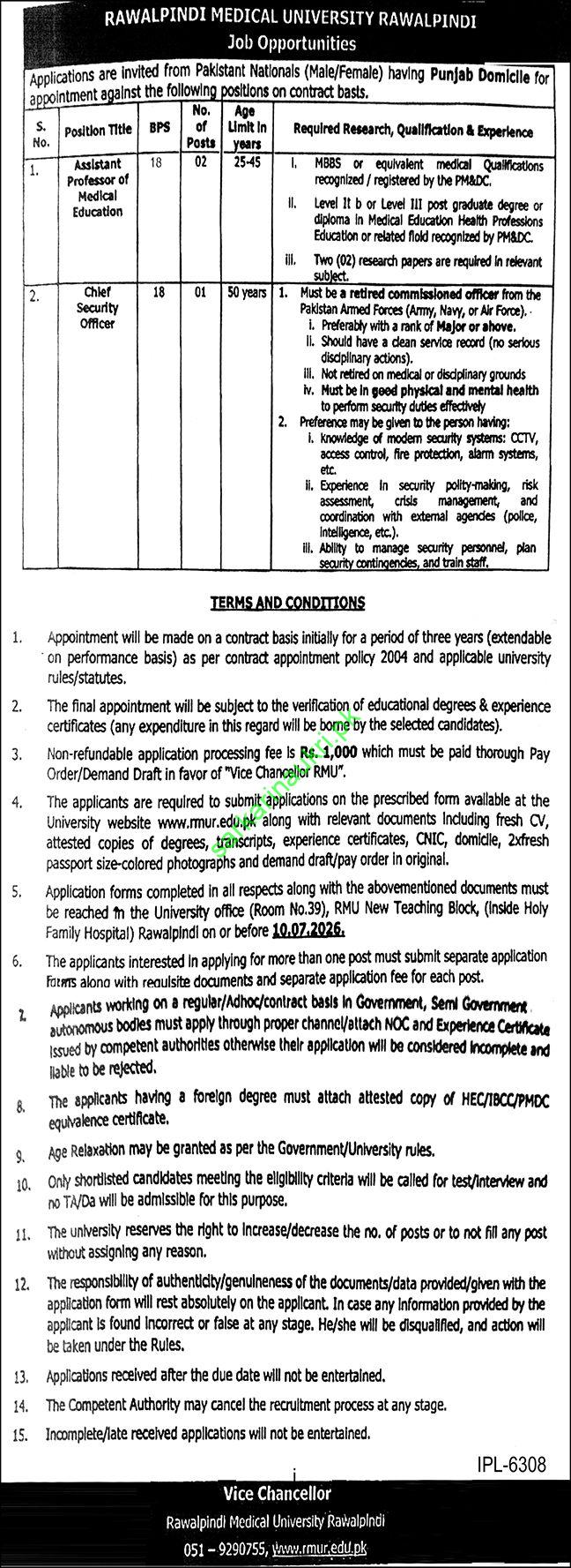 Rawalpindi Medical University RMU Job Opportunities 2026 for Assistant Professor & Chief Security Officer