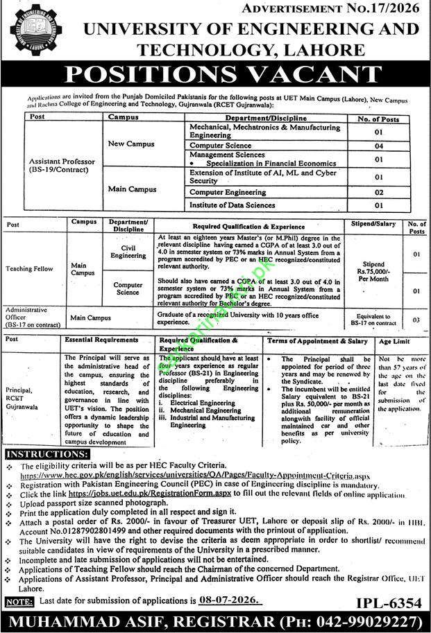 UET Lahore Recruitment 2026: Assistant Professor, Teaching Fellow & Principal Posts
