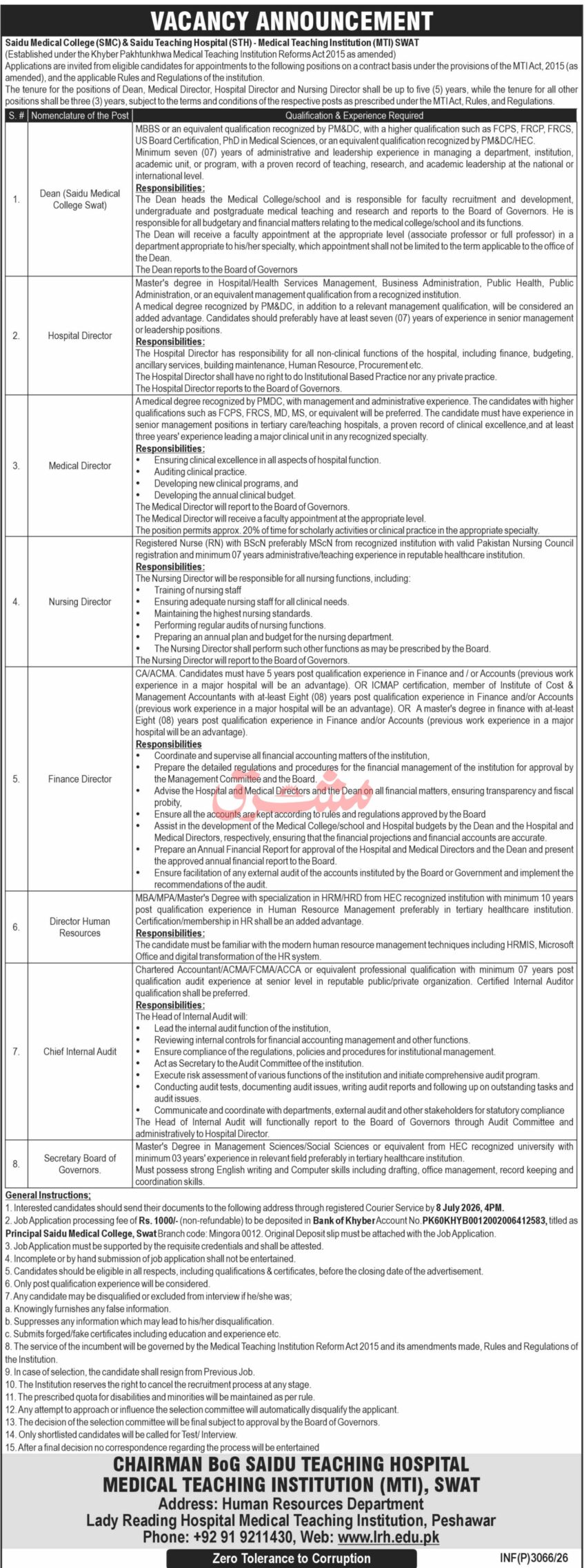 Saidu Medical College & Teaching Hospital (MTI Swat) Jobs 2026 – Dean, Directors & Senior Management Posts