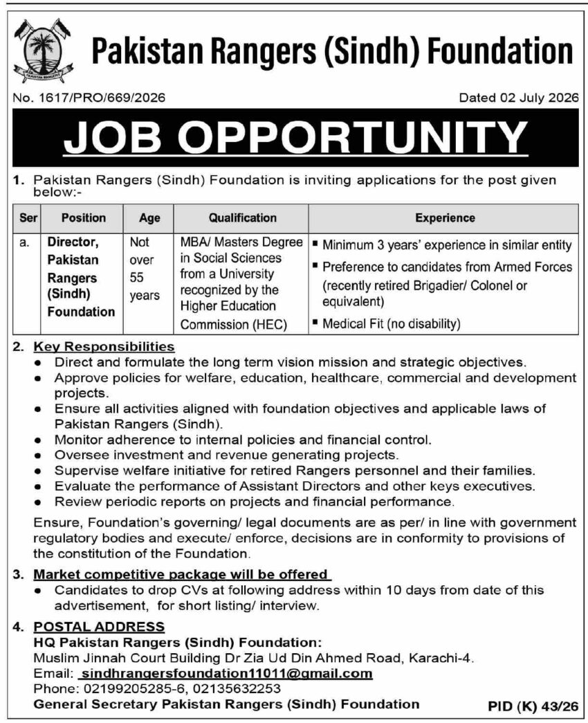 Pakistan Rangers Sindh Foundation Director Jobs 2026