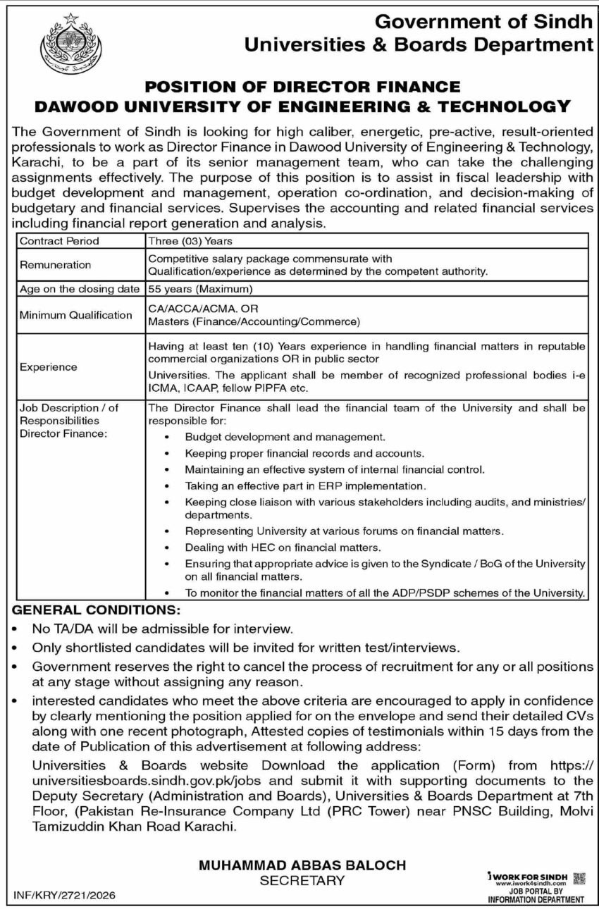 Government of Sindh Universities & Boards Department Director Finance Jobs 2026