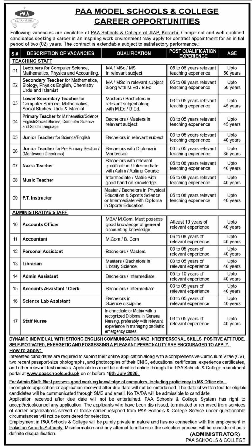 PAA Model Schools & College Karachi Jobs 2026 – Latest Career Opportunities for Teaching & Admin Staff