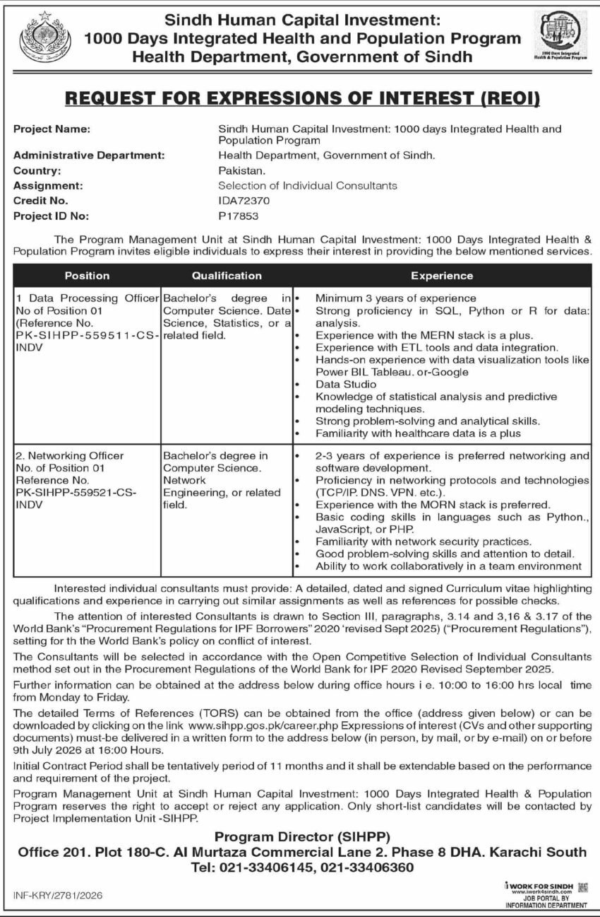 Sindh Human Capital Investment 1000 Days Integrated Health and Population Program Jobs 2026