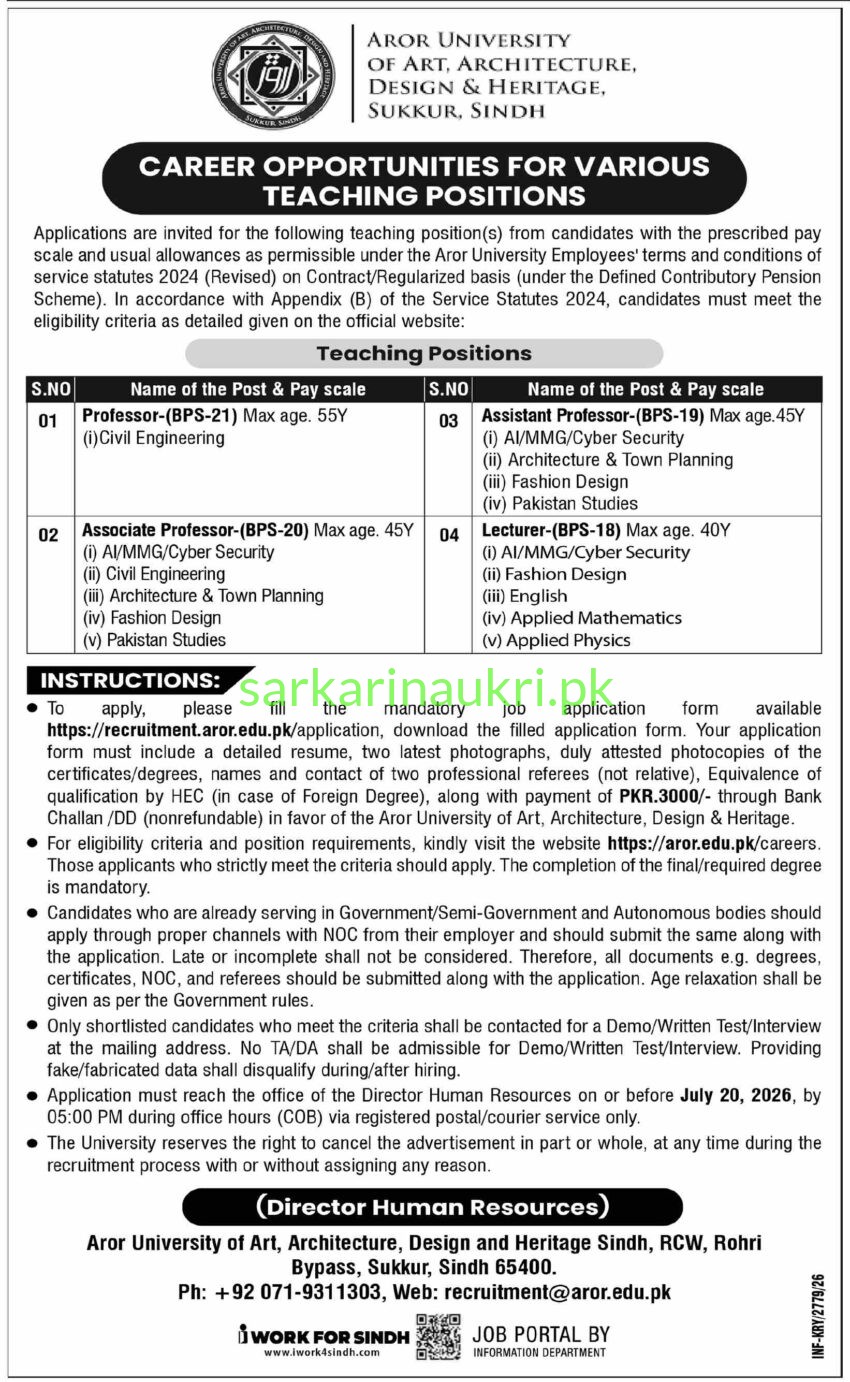 Aror University Sukkur Jobs 2026 – Professor, Associate Professor, Assistant Professor & Lecturer Positions | Apply by 20 July 2026