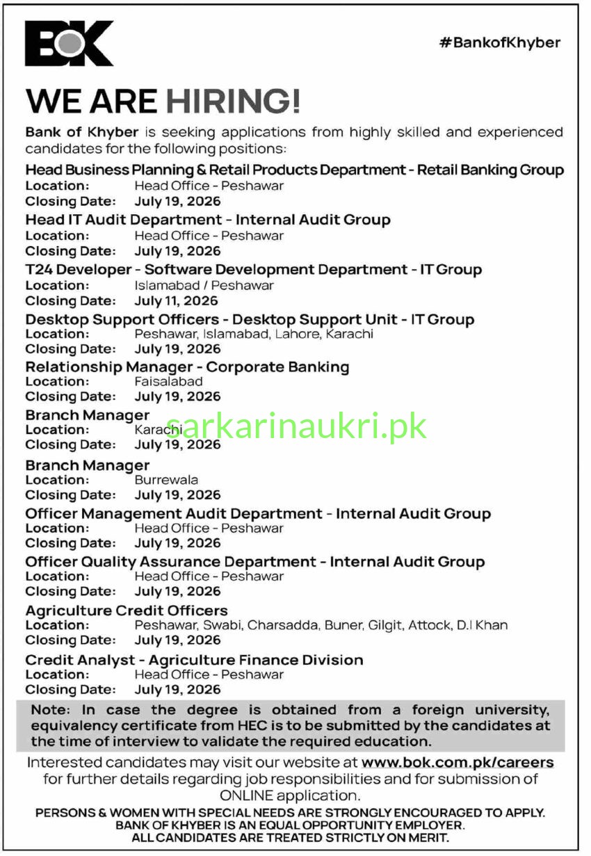 Bank of Khyber Jobs 2026 – Multiple Positions in Retail Banking, IT, Audit, Corporate Banking & Agriculture Finance | Apply Online