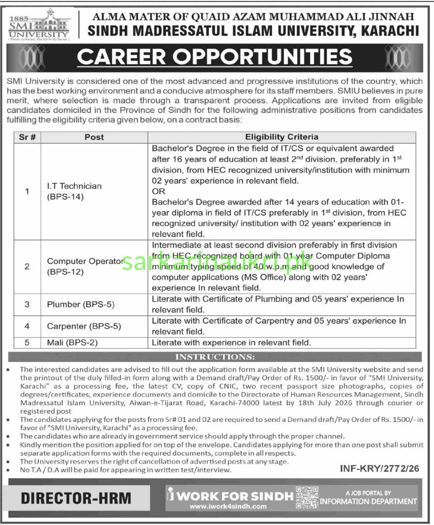 SMI University Karachi Jobs 2026 – IT Technician, Computer Operator, Plumber, Carpenter & Mali Required | Apply by 18 July 2026