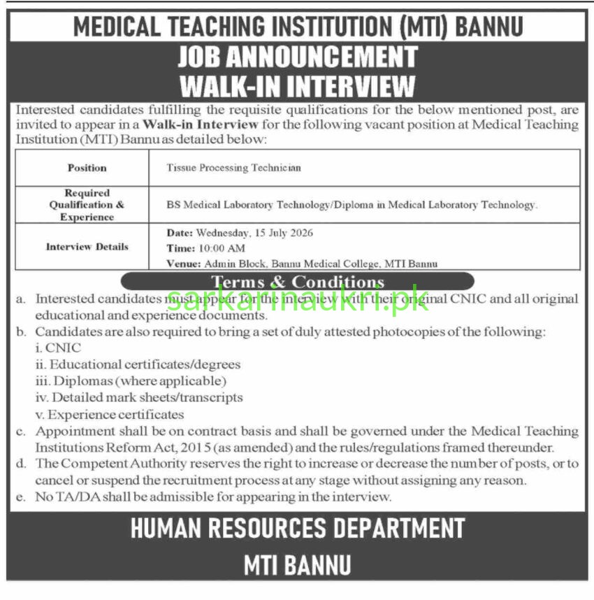 MTI Bannu Jobs 2026 – Tissue Processing Technician Walk-in Interview