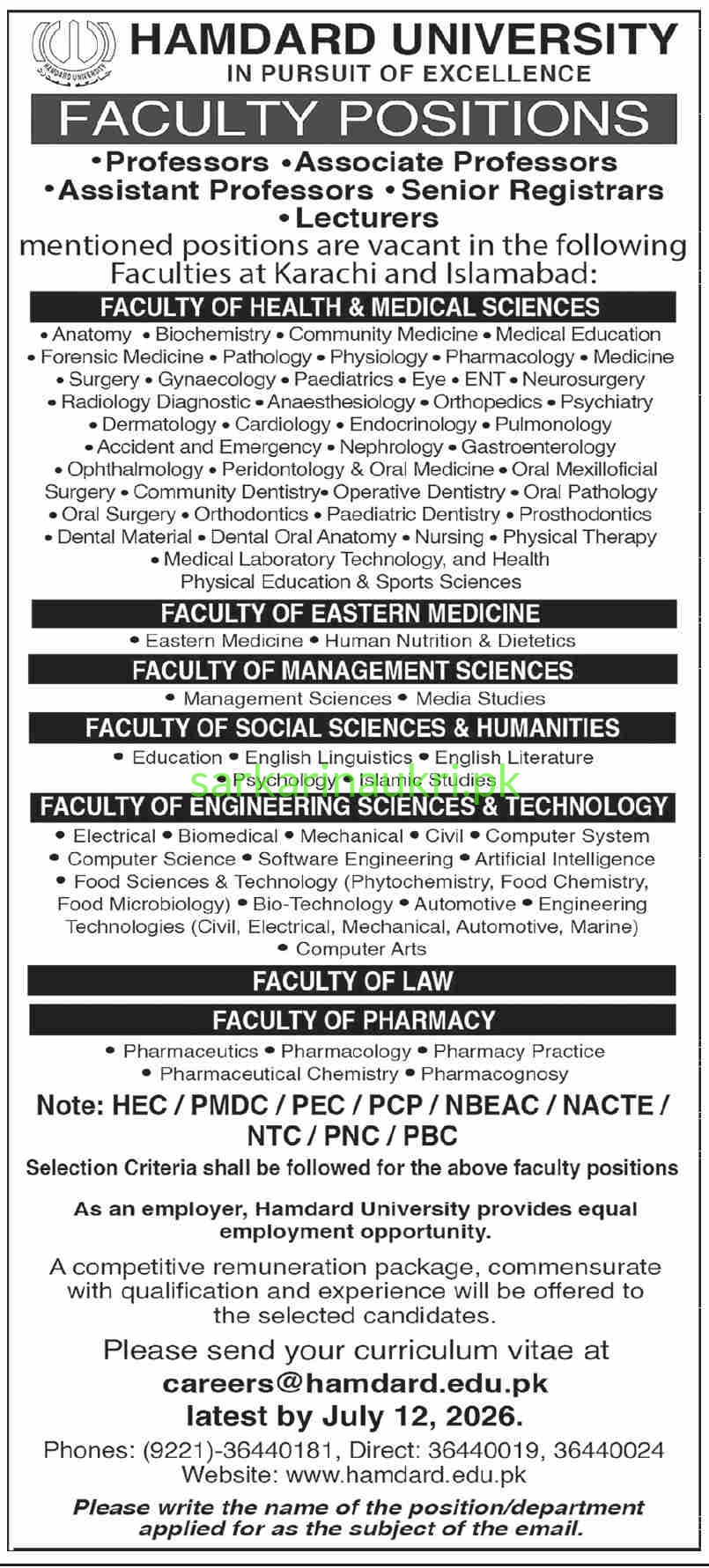 Hamdard University Jobs 2026 – Professors, Associate Professors, Assistant Professors, Senior Registrars & Lecturers Required