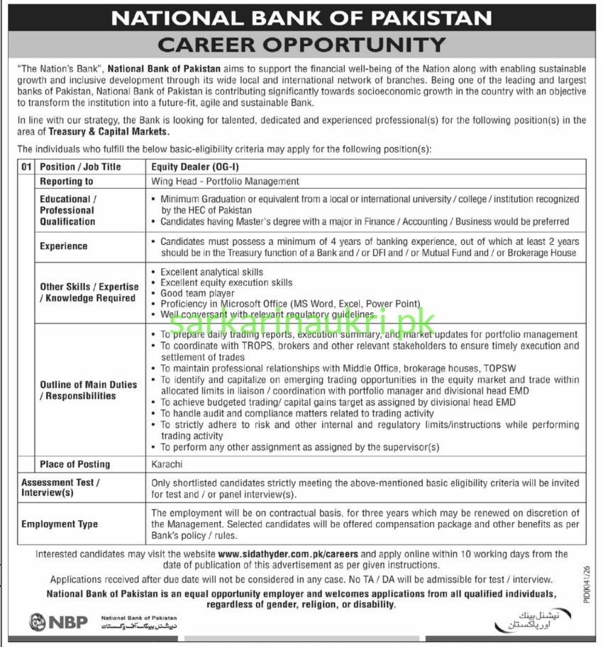 National Bank of Pakistan Jobs 2026 – Equity Dealer (OG-I) Required in Treasury & Capital Markets | Apply Online