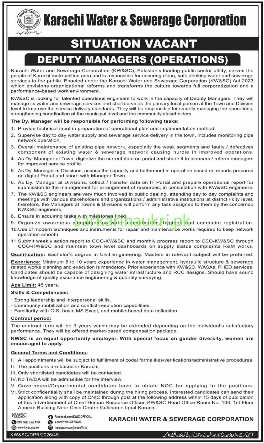 Karachi Water & Sewerage Corporation (KW&SC) Jobs 2026 – Deputy Managers (Operations) Required | Apply Within 15 Days