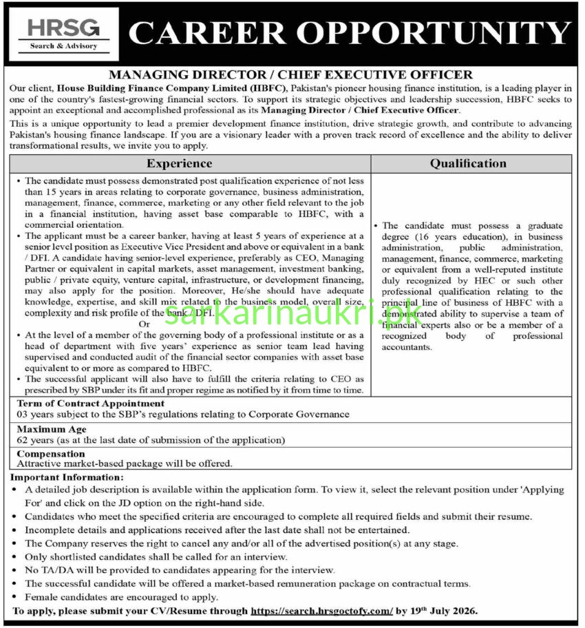 House Building Finance Company (HBFC) Jobs 2026 – Managing Director / Chief Executive Officer Required