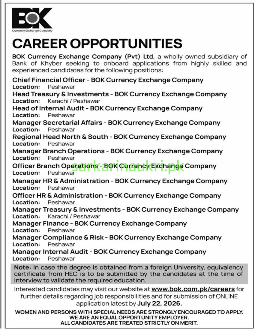 BOK Currency Exchange Company Jobs 2026 – Multiple Management Positions Available | Apply Online by 22 July 2026