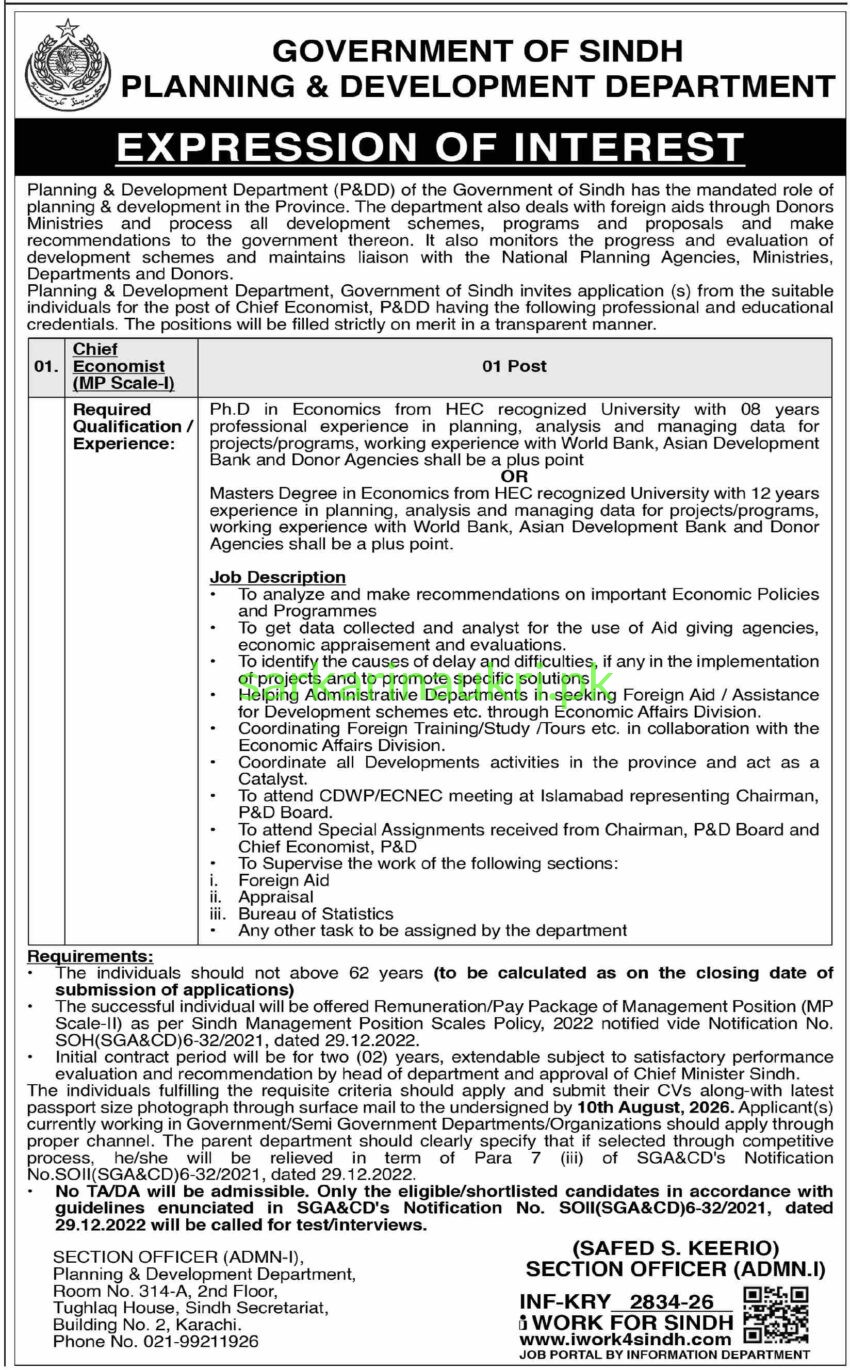 Government of Sindh P&D Department Jobs 2026 – Chief Economist (MP Scale-I) Required