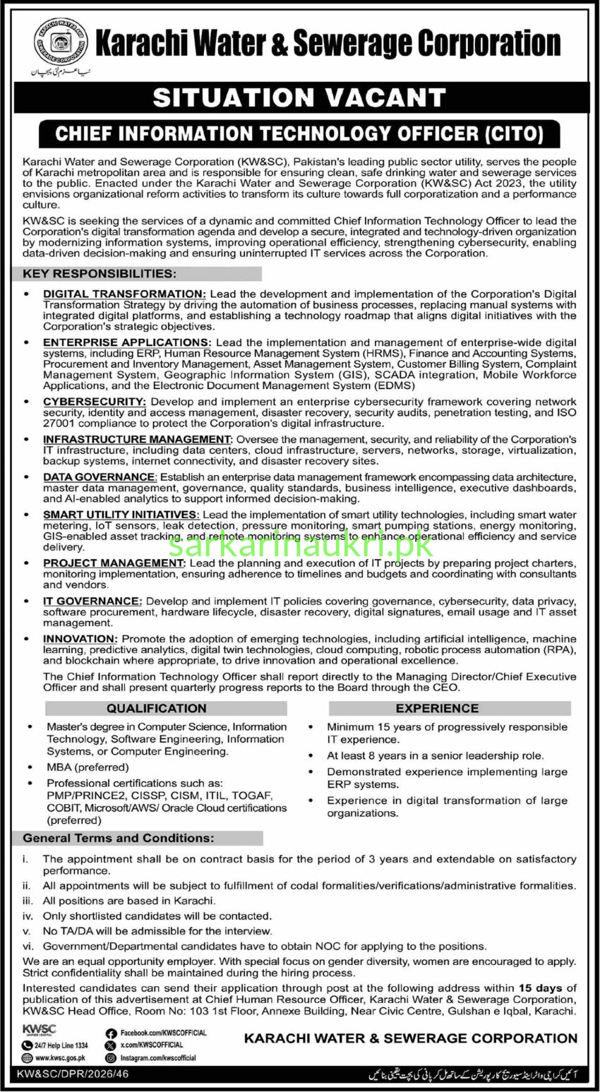 Karachi Water & Sewerage Corporation (KW&SC) Jobs 2026 – Chief Information Technology Officer (CITO) Required