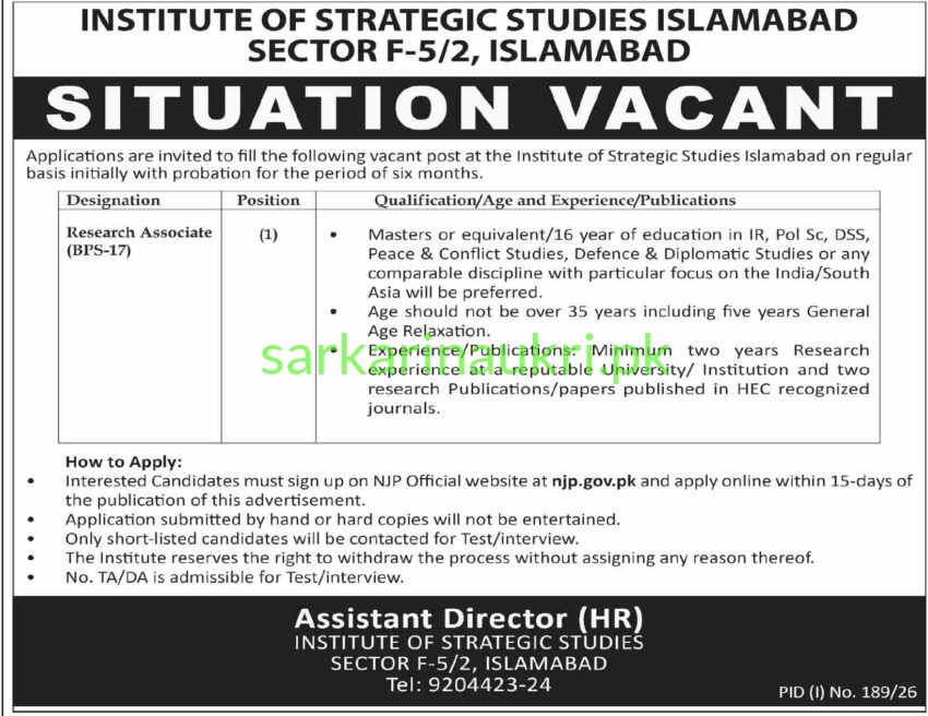 Institute of Strategic Studies Islamabad Jobs 2026 – Research Associate (BPS-17) Required | Apply Online