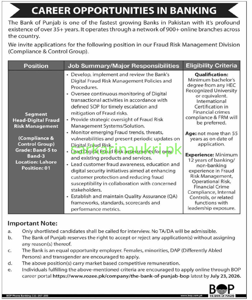 The Bank of Punjab for Fraud Risk Management Division (Compliance & Control Group)