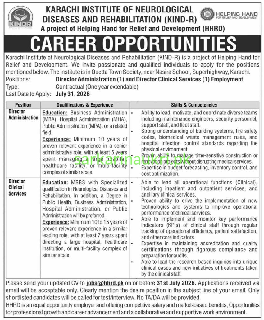 Karachi Institute of Neurological Diseases and Rehabilitation (KIND-R) New Jobs 2026
