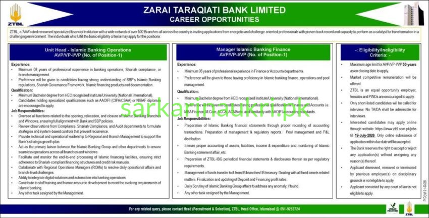 Zarai Taraqiati Bank Limited (ZTBL) Jobs 2026 – Unit Head & Manager Islamic Banking Required | Apply Online by 19 July 2026