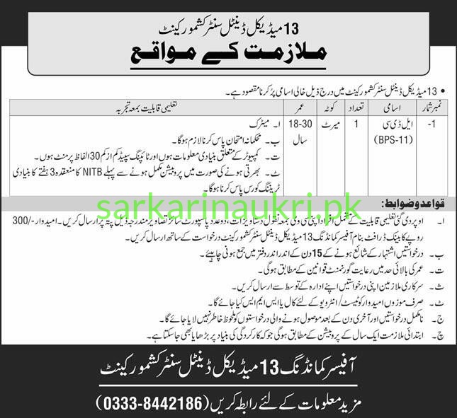 13 Medical Dental Centre Kharian Cantt Jobs 2026 – LDC (BPS-11) Required