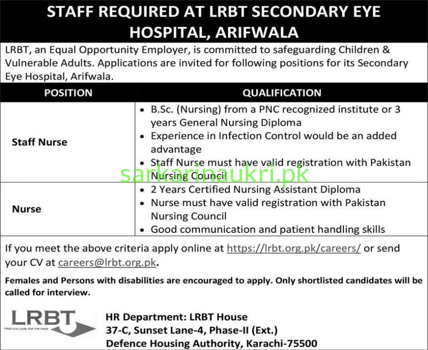LRBT Secondary Eye Hospital Arifwala Jobs 2026 – Staff Nurse & Nurse Required | Apply Online