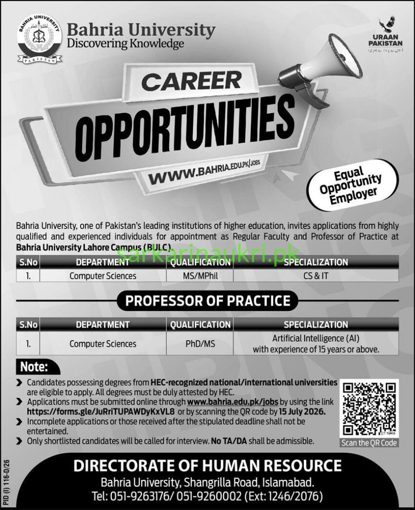 Bahria University Lahore Campus Jobs 2026 – Regular Faculty & Professor of Practice (Computer Sciences) | Apply Online