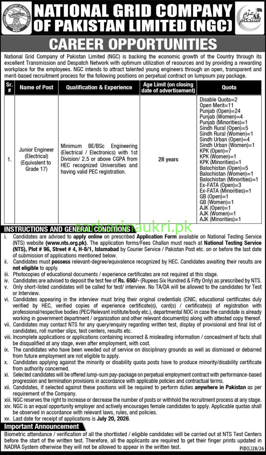 National Grid Company of Pakistan (NGC) Jobs 2026 – Junior Engineer (Electrical) Required | Apply Online via NTS by 20 July 2026