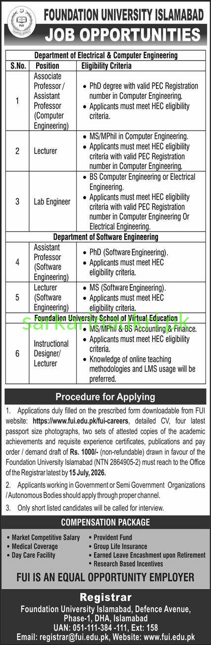 Foundation University Islamabad Jobs 2026 – Faculty Positions in Electrical & Computer Engineering, Software Engineering & Virtual Education