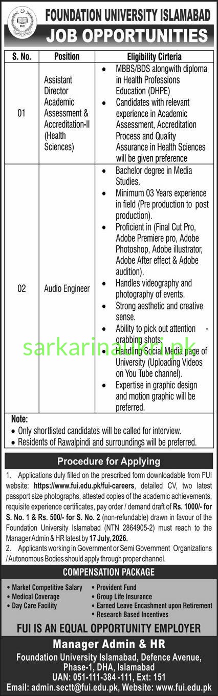 Foundation University Islamabad Jobs 2026 – Assistant Director (Health Sciences) & Audio Engineer Required