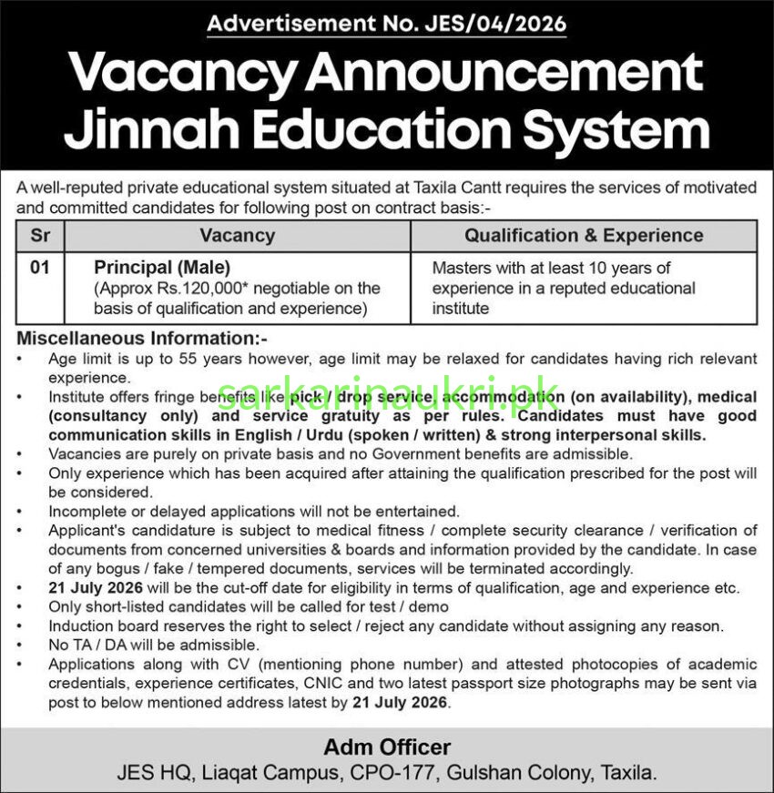 Jinnah Education System Taxila Cantt Jobs 2026 – Principal (Male) Required on Contract Basis