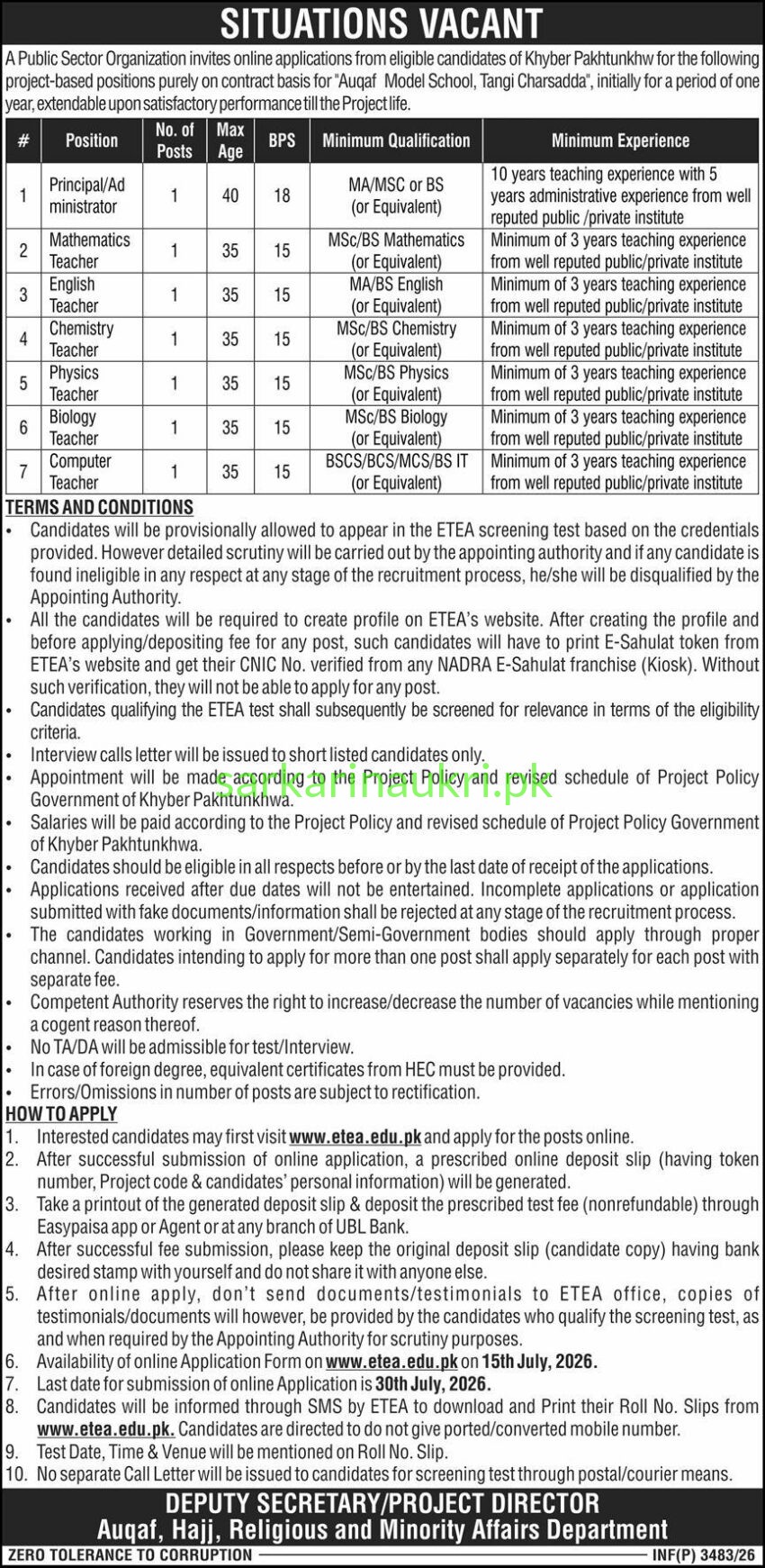 Auqaf Model School Charsadda Jobs 2026 via ETEA – Apply Online
