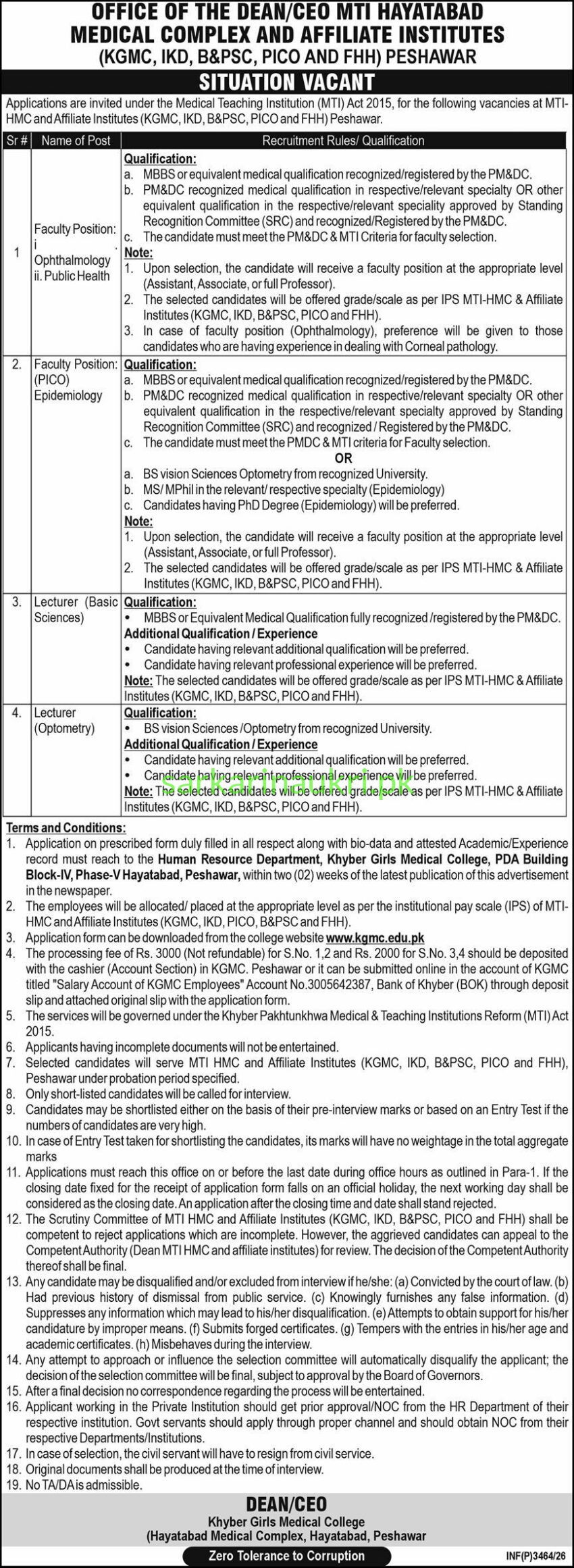 MTI Hayatabad Medical Complex & Affiliate Institutes Peshawar Jobs 2026